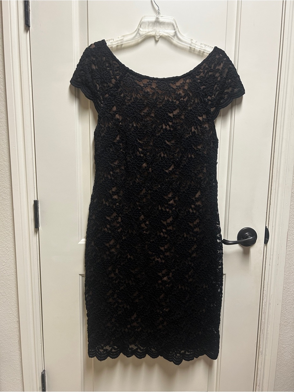 Dress Barn Black Lace Cap-Sleeve Sheath Dress with Nude Lining